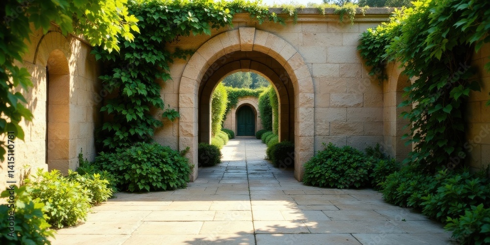 Fototapeta premium Serene stone archway passageway, lush green foliage adorns walls, sunlight filters through, creating a tranquil garden path scene.