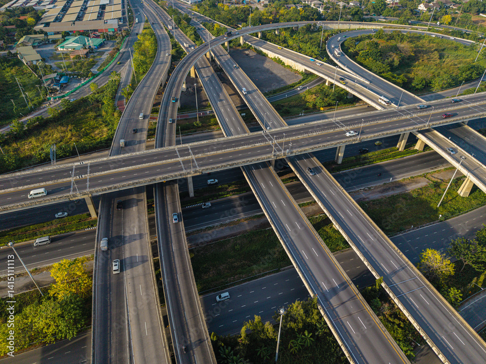Aerial view city transport junction cross road with vehicle movement