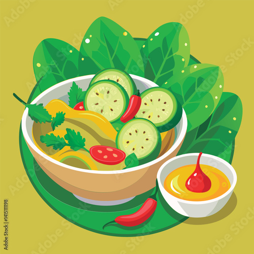 Delicious veggie bowl with vibrant dressing.