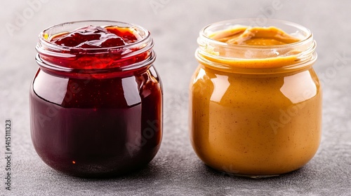 Two glass jars, one filled with red jam and the other with peanut butter, are displayed on a textured gray surface.
