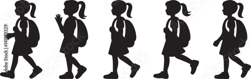  Black silhouette illustrations of a young girl walking with a backpack, depicted in different walking poses. Ideal for educational, student, and back-to-school-themed projects, symbolizing student li