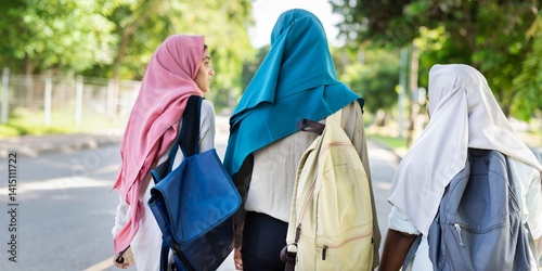 Photos Three muslim girls walking outdoors with backpacks and colorful headscarves