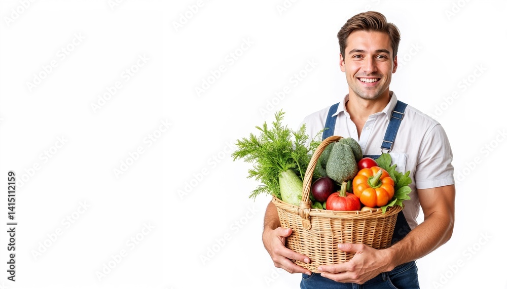 smiling young man holding basket full of fresh organic vegetables, isolated on white background, healthy food and farm produce concept smiling young man holding basket full of fresh organic vegetables, isolated on white background, healthy food and farm produce concept