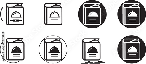  Restaurant menu icons with a cloche and food service symbols in black and white, ideal for restaurant, food delivery services, and menu design graphics.

