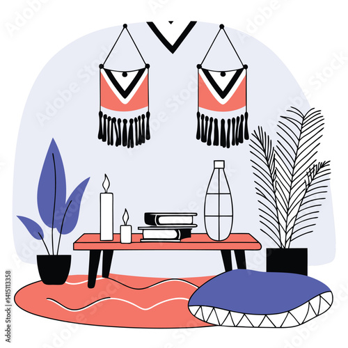 Cozy Bohemian Home Interior with Pillows and Decor Illustration