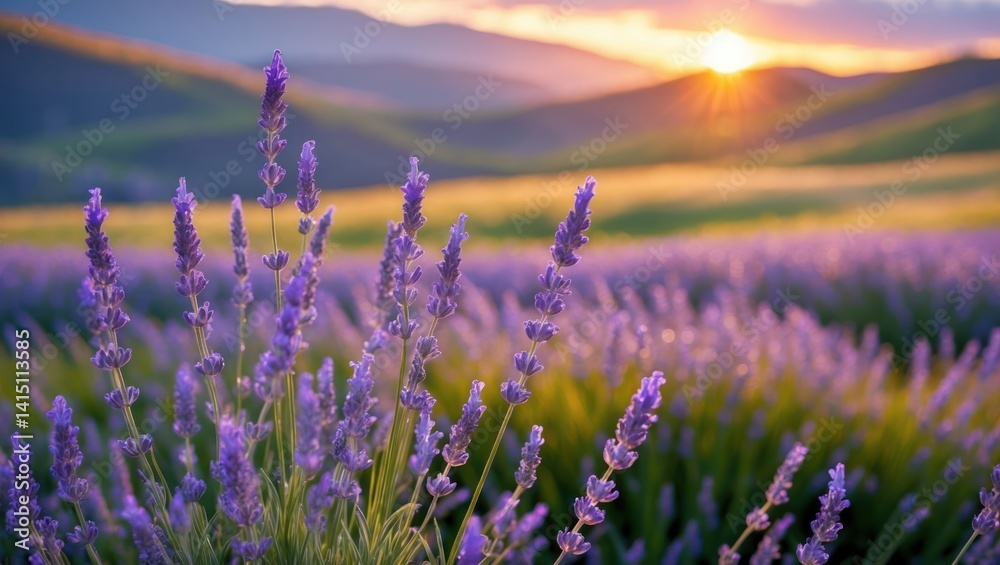 Fototapeta premium Lavender Field Blooming at Sunset in Rolling Hills