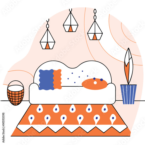 Cozy Bohemian Home Interior with Pillows and Decor Illustration