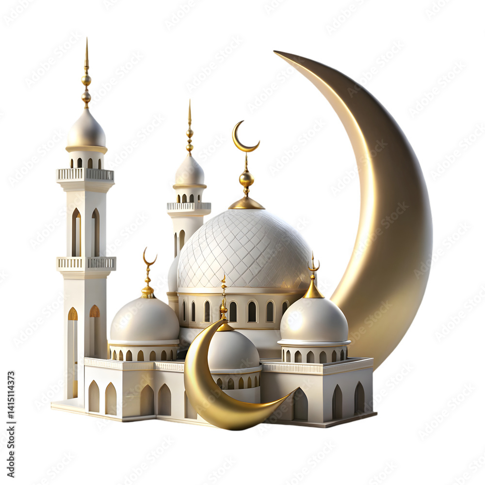 Crescent moon with minimalist mosque domes isolated on a white background
Crescent moon with minimalist mosque domes isolated on a white background