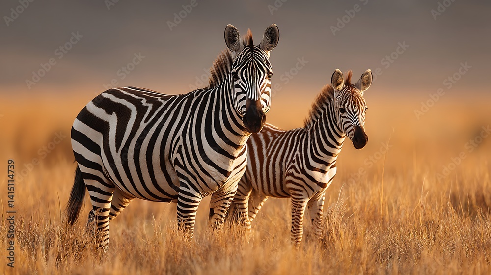 Naklejka premium Two zebras in golden savanna