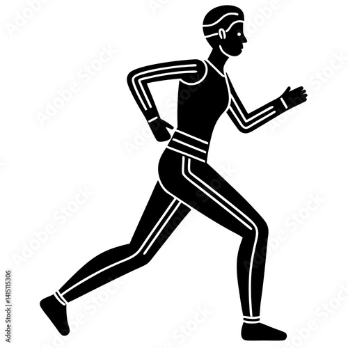 Line art vector silhouette of a person jogging, with an upright and relaxed posture