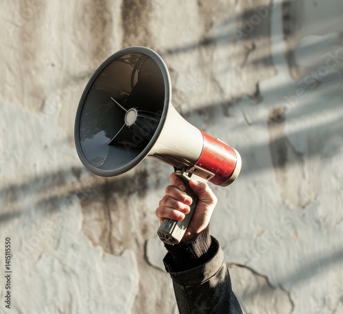 Hand holding a megaphone against a textured wall, symbolizing communication and protest.