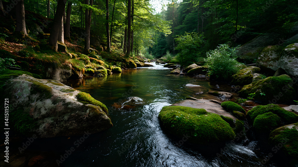 Tranquil Forest Stream with Mossy Rocks and Dappled Sunlight