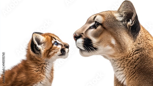 Cougar cub and mother facing, wildlife portrait, white background, nature photo