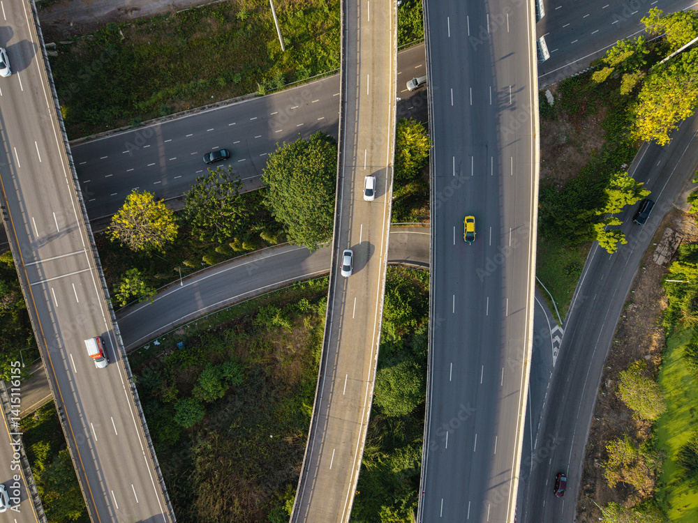 Aerial view city transport junction cross road with vehicle movement