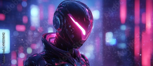 Futuristic humanoid robot in neon cityscape at night