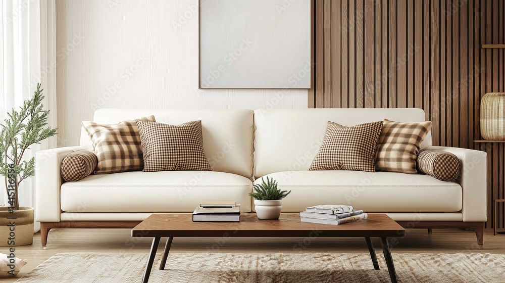 Naklejka premium Modern Minimalist Living Room with White Leather Sofa and Potted Plants