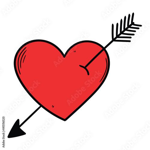 Hand drawn cartoon red heart with arrow on white background.