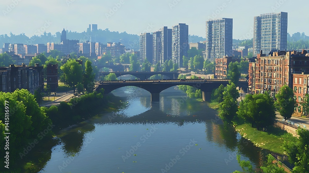 Obraz premium Scenic Urban Landscape, Tranquil River Flowing Through a Bustling Cityscape