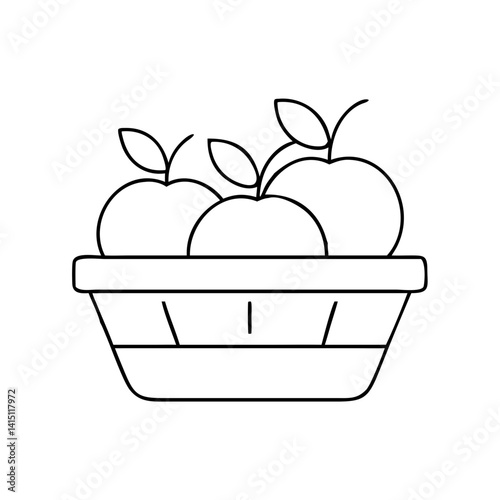 Fresh Apples in Wooden Basket Outline on White Background