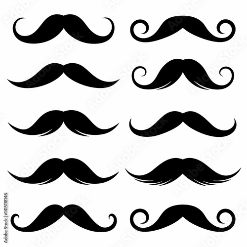 Set of Black Silhouette Mustache Icons in Various Styles