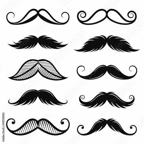Set of Black Silhouette Mustache Icons in Various Styles