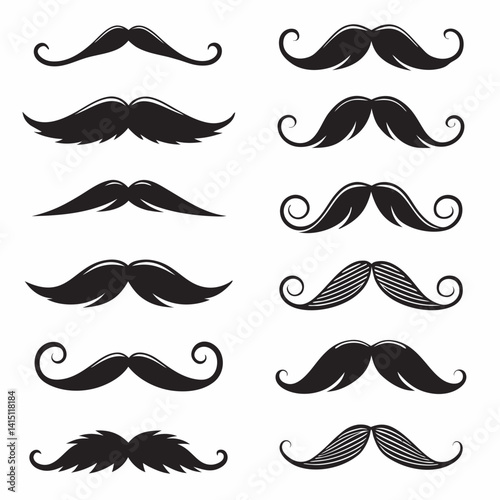 Set of Black Silhouette Mustache Icons in Various Styles