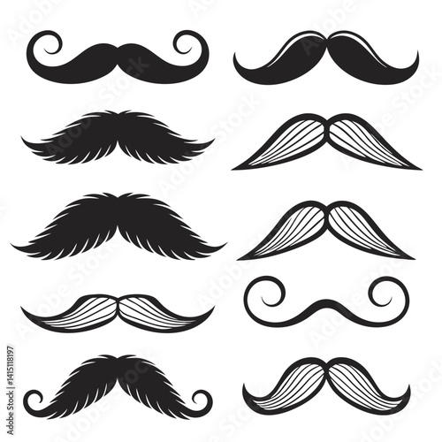 Set of Black Silhouette Mustache Icons in Various Styles