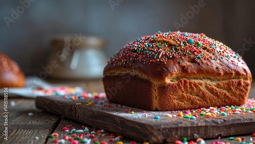 there is a loaf of bread with sprinkles on a cutting board
