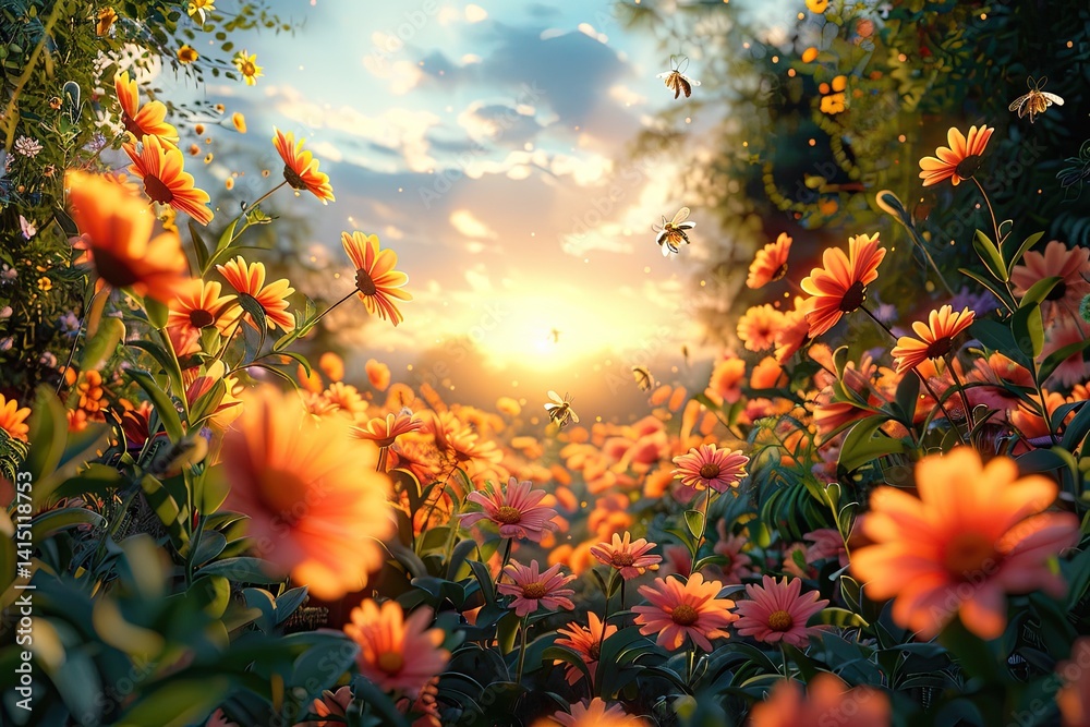 peaceful meadow filled with wildflowers and butterflies fluttering around