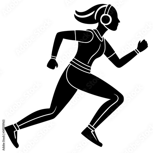 Line art vector silhouette of a person running with headphones on