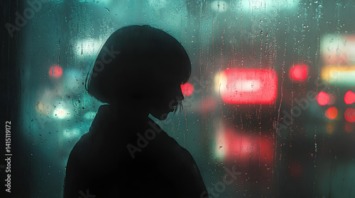 A foggy windowpane with droplets of rain, a person’s silhouette gazing out,