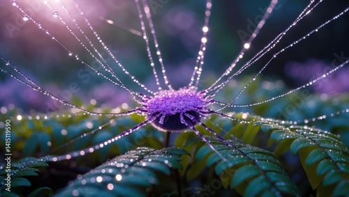 Dew Drops on Plant with Purple Center and Glowing Strands