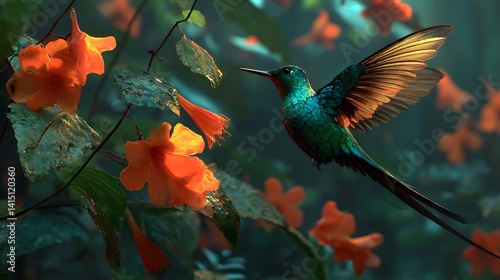 Vibrant hummingbird amidst glowing flowers