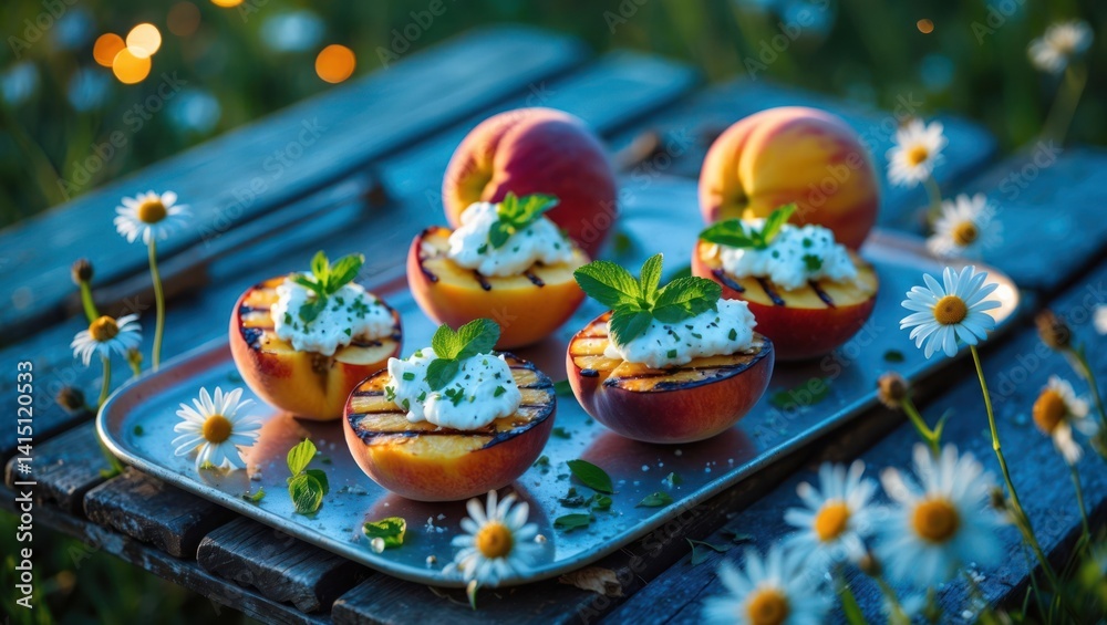 Fototapeta premium Grilled Peaches with Cream and Mint on Tray outdoors