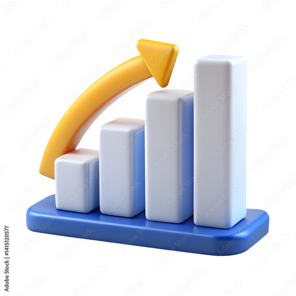 Business Growth Bar Chart 3d Icon White-on-white 3D bar chart with shadowed blue columns, golden arrow lifting off in a gentle arc above, Transparent background Business Growth Bar Chart 3d Icon White-on-white 3D bar chart with shadowed blue columns, golden arrow lifting off in a gentle arc above, Transparent background