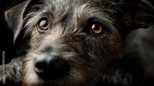 Captivating dog portrait studio hyperrealistic art dark background close-up textured wiry standard