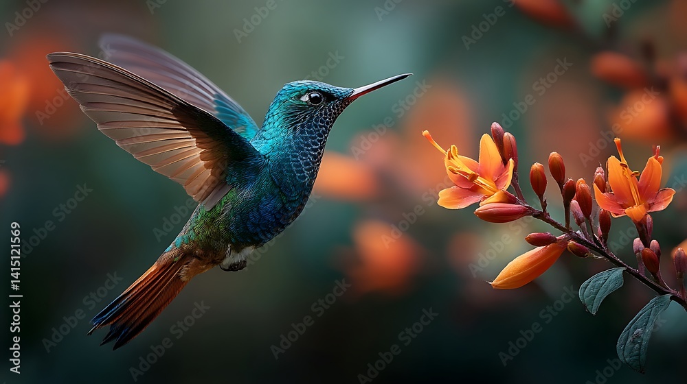 Fototapeta premium Vibrant hummingbird in flight near orange flowers