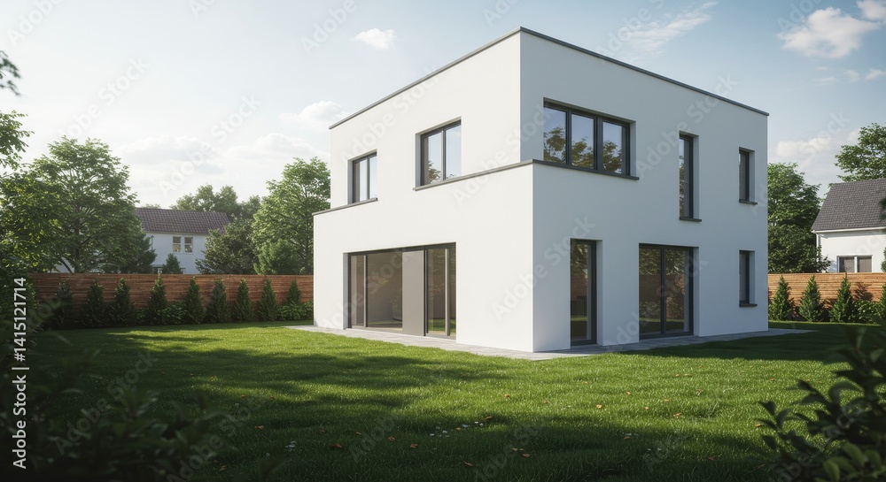 Fototapeta premium Modern Cube House Design - Contemporary white cube house with large windows, situated in a green lawn. Ideal for modern architecture, real estate, and home design