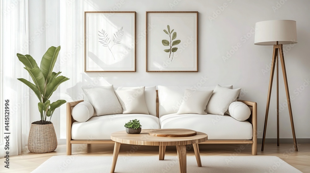 Modern Minimalist Living Room Interior with Natural Light and Botanical Prints Modern Minimalist Living Room Interior with Natural Light and Botanical Prints