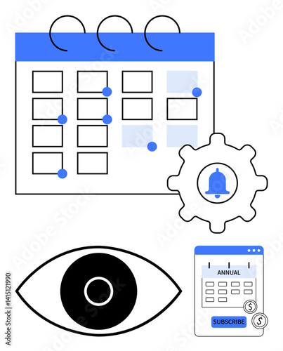 Calendar interface with highlighted dates, gear with notification bell, focused eye, and subscription icon. Ideal for scheduling, organization, planning, reminders, events subscriptions simple