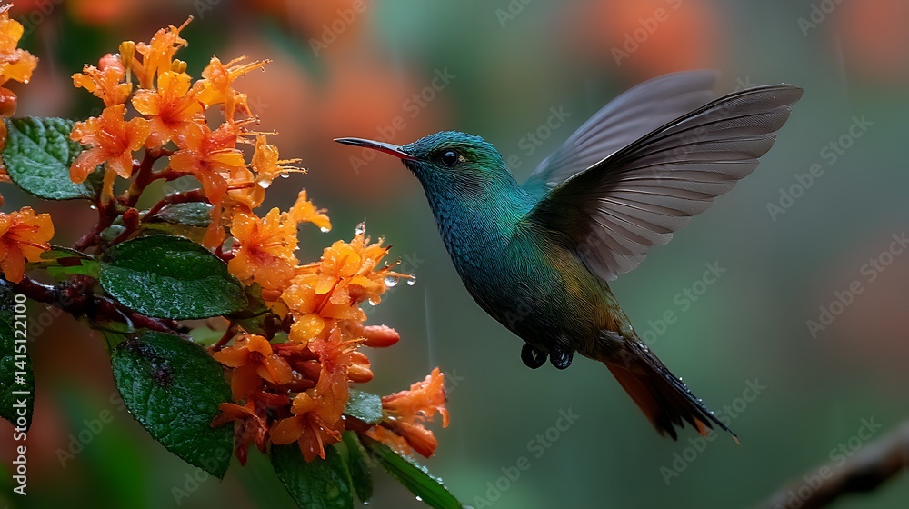 Fototapeta premium Vibrant hummingbird in flight, surrounded by bright orange flowers