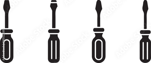  Vector icons of different types of screwdrivers in black and white, perfect for tools, construction, and DIY projects, symbolizing craftsmanship and manual work.