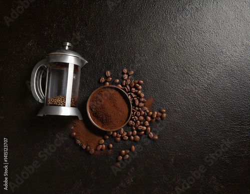Flatlay of ground coffee, beans, and a French press on dark textured background with soft spotlight.