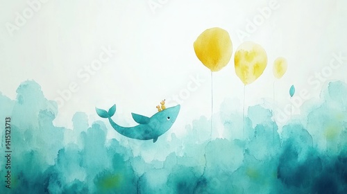 Watercolor illustration of a friendly whale soaring through a dreamy teal landscape, with two small figures atop its head and bright yellow balloons in the sky