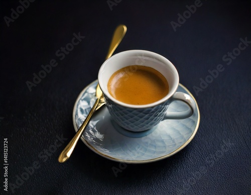 Espresso in a vintage ceramic cup with golden spoon, shallow depth of field, moody dark background.
