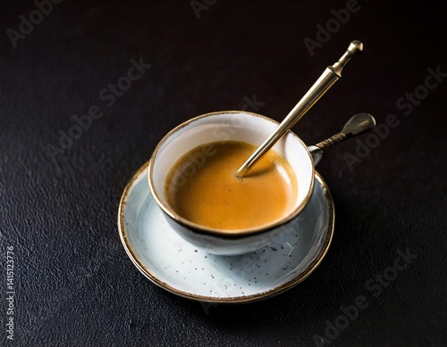 Espresso in a vintage ceramic cup with golden spoon, shallow depth of field, moody dark background.