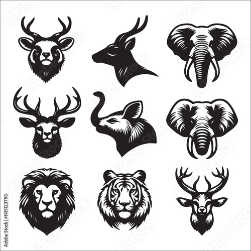 Powerful Black and White Animal Head Silhouettes. A set of nine distinct animal head silhouettes, rendered in a bold, graphic style.