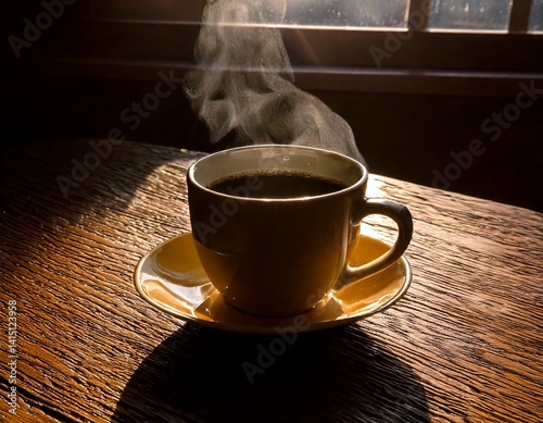 Steaming cup of black coffee on a rustic wooden table, soft morning light through a window, cinematic shadows.