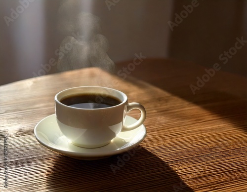 Steaming cup of black coffee on a rustic wooden table, soft morning light through a window, cinematic shadows.