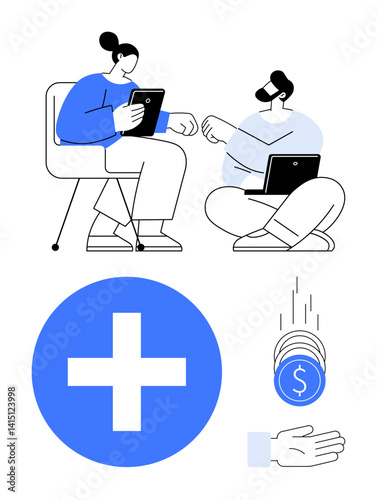 Two professionals using a tablet and laptop while discussing ideas. Includes medical symbol, coins, and helping hand. Ideal for technology, teamwork, healthcare, finance, innovation assistance